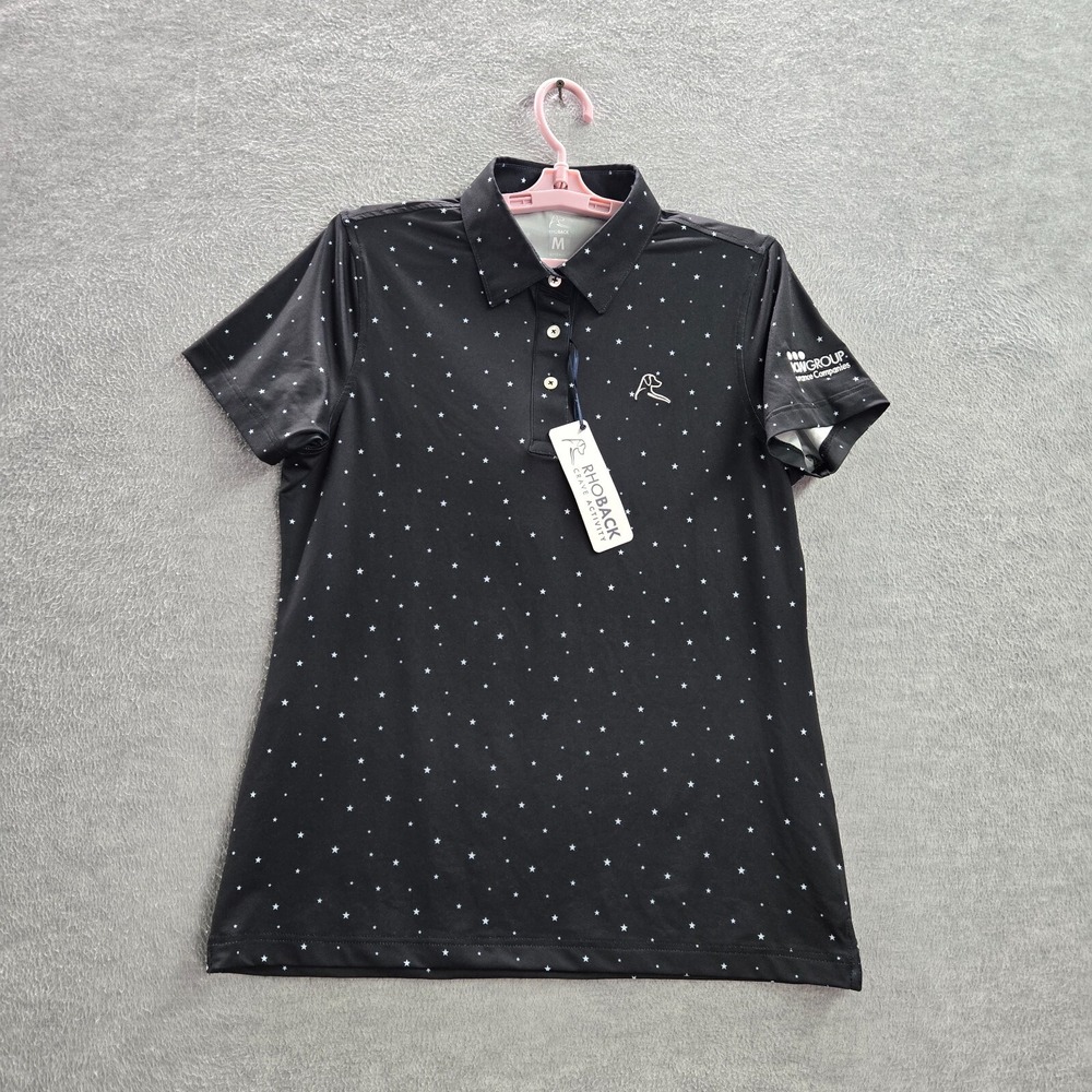 Rhoback Women Top Medium Black Polo Shirt Stars Allover Print Collar NWT